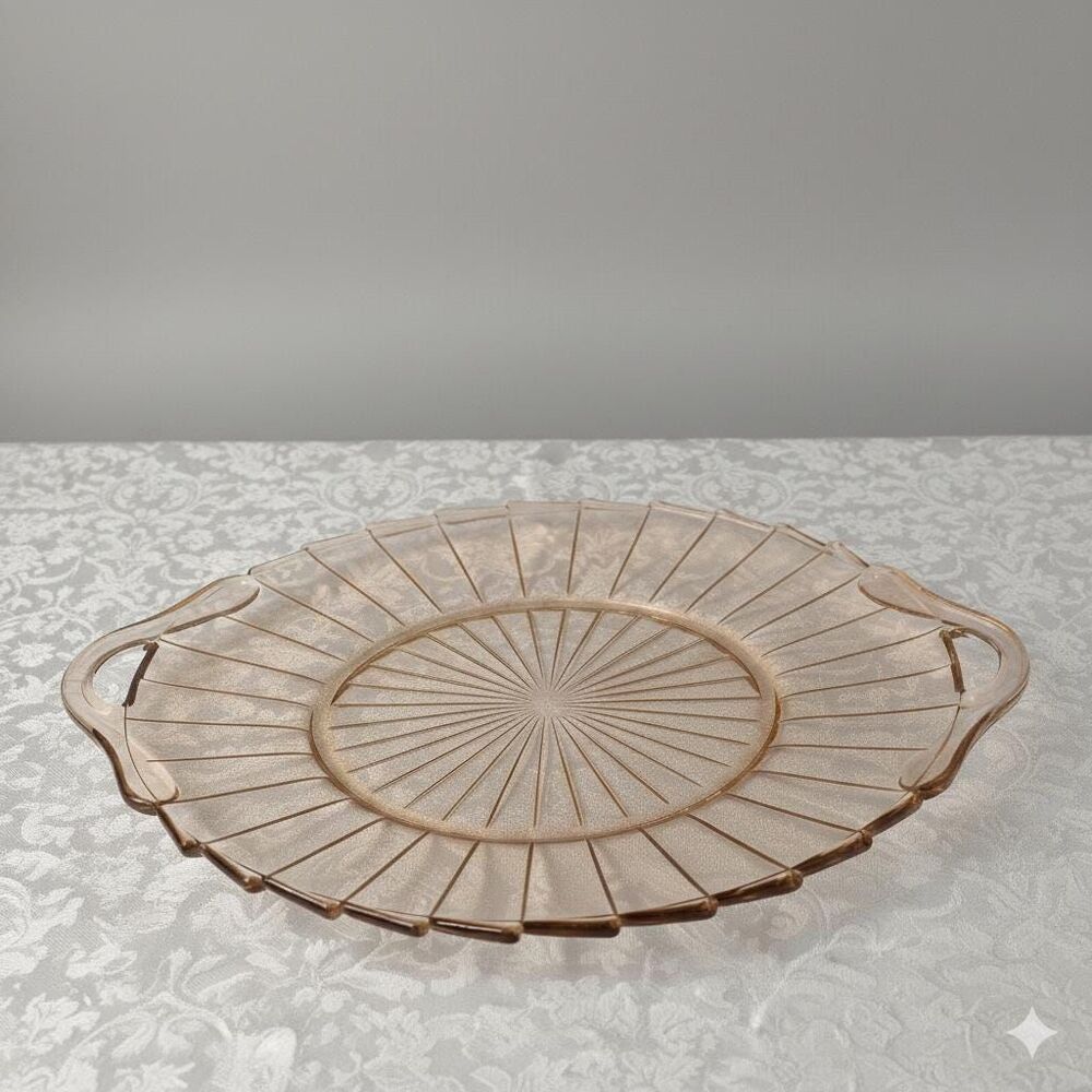 Vintage Jeannette Glass Pink Sierra Handled Sandwich Tray - Rare Art Deco